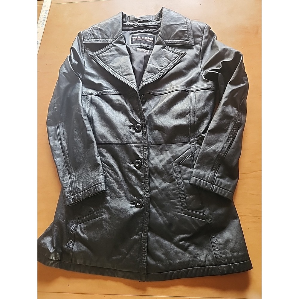 Vintage Wilsons Black Genuine Leather Jacket Coat Womens Size Medium Four Button